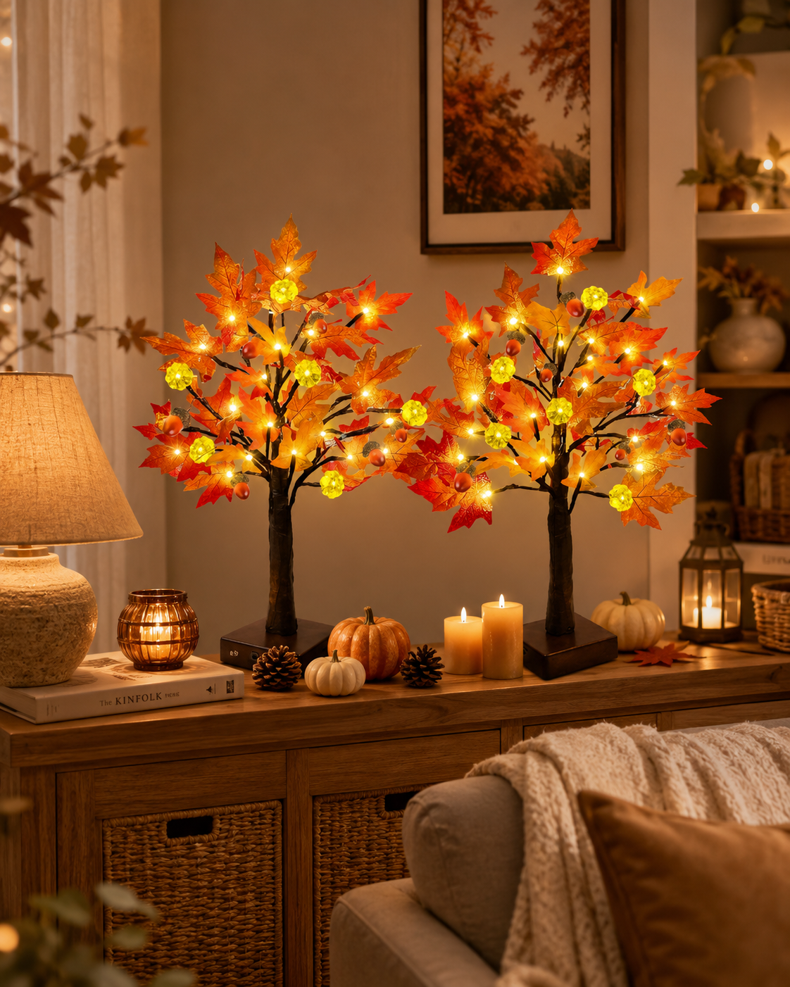 Lighted autumn maple tree decorations with warm LED lights