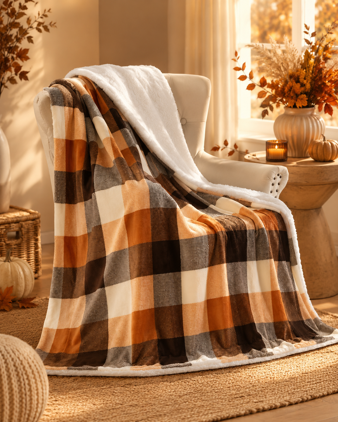 Orange brown and cream buffalo check autumn throw blanket