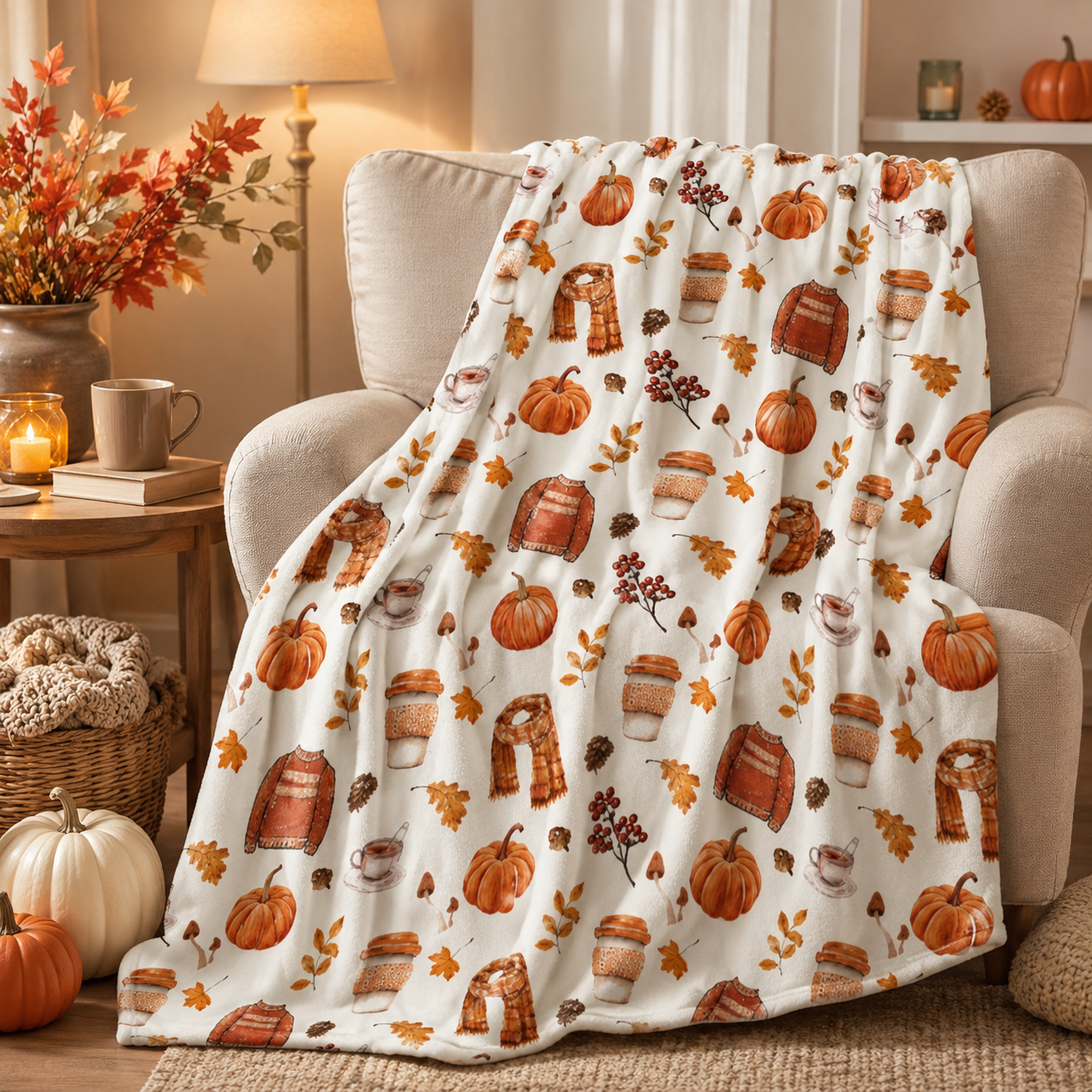 Autumn pumpkin fleece throw blanket