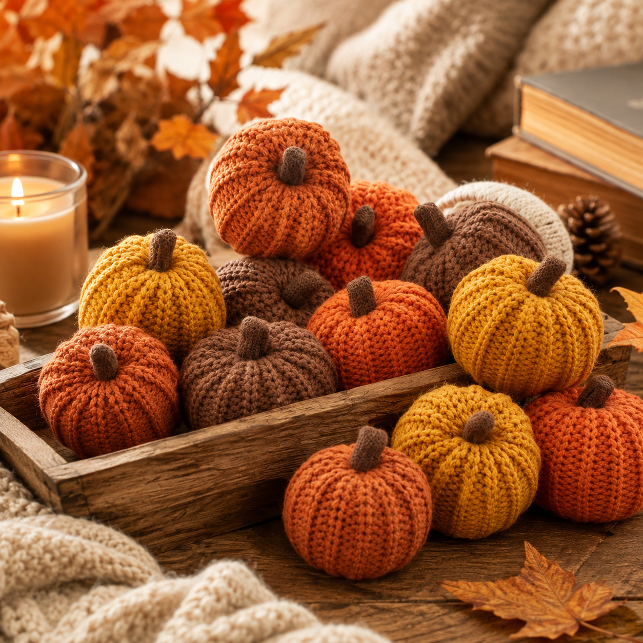 Mini knitted pumpkins in orange mustard and brown
