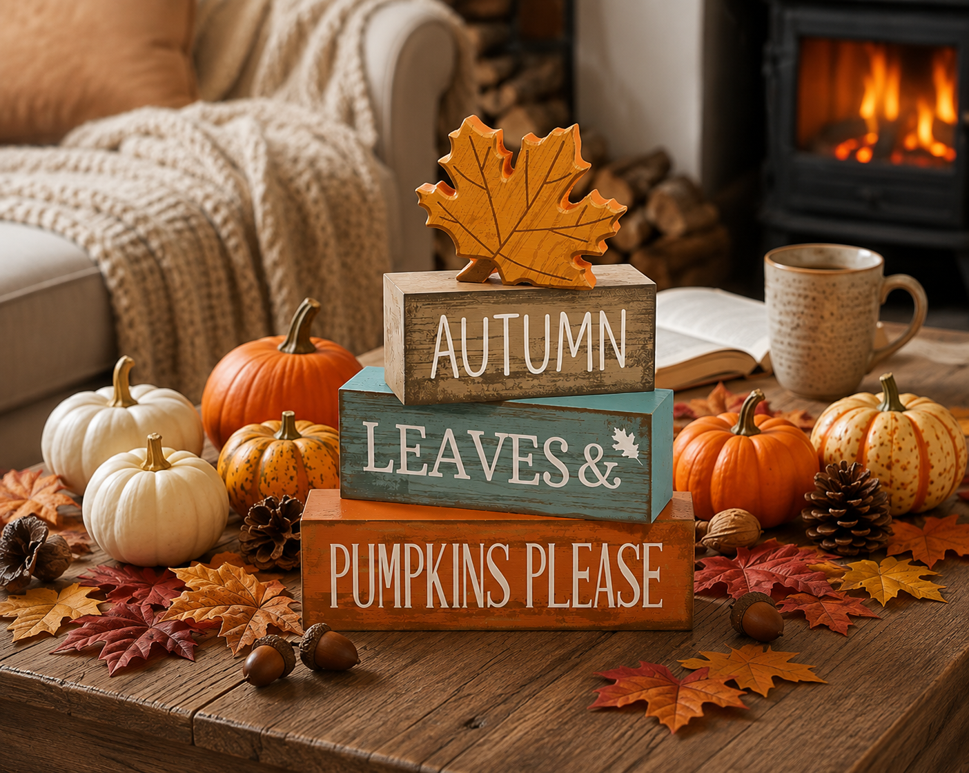 Autumn Leaves and Pumpkins Please rustic wooden block decor