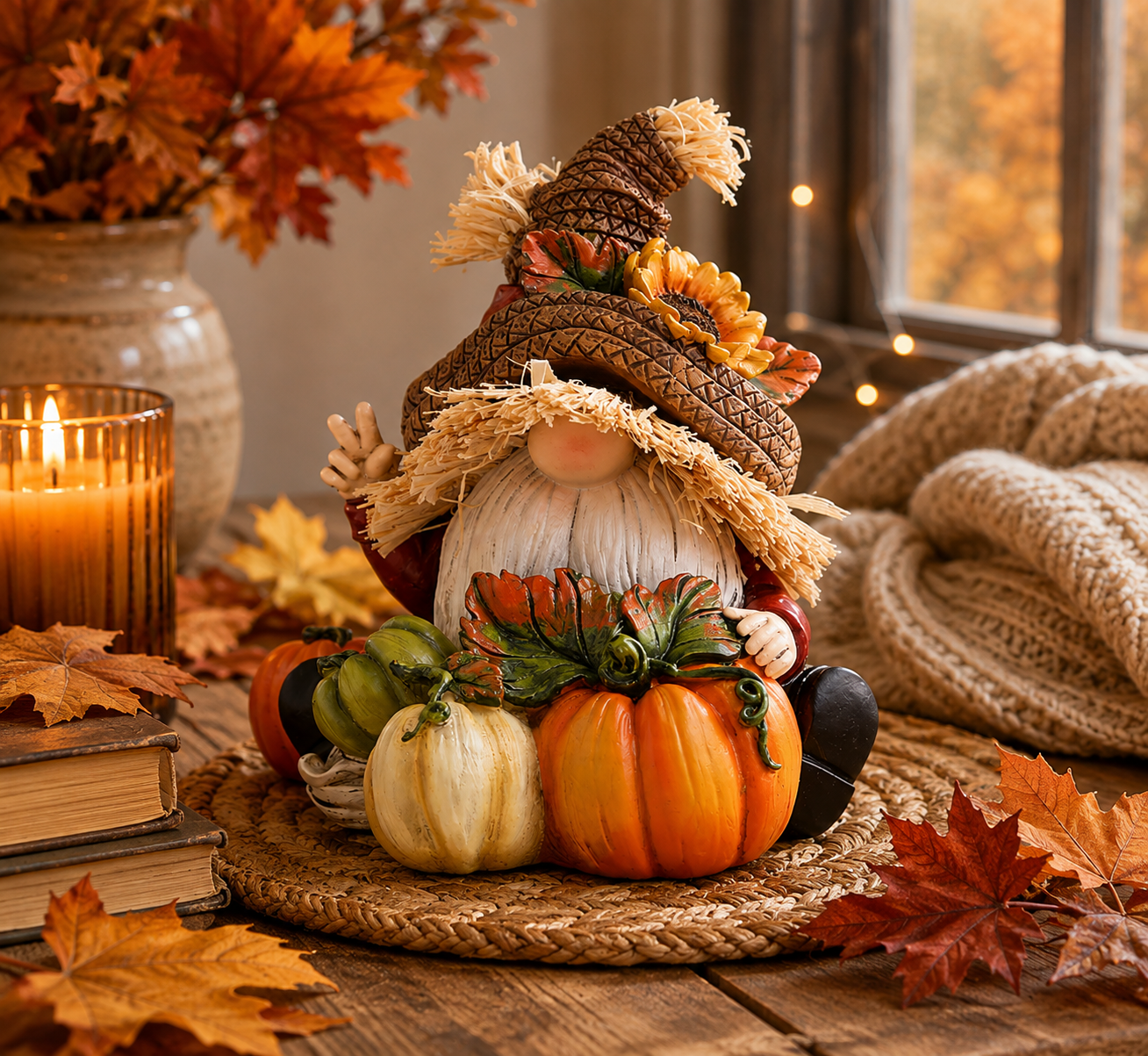 Autumn gnome with pumpkins