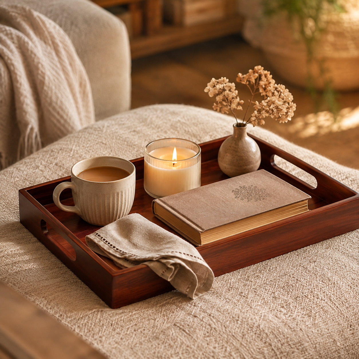 Rustic acacia wooden serving tray with handles