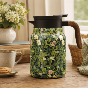 Green floral thermal carafe styled with a mug and books in a cozy room