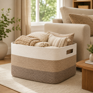 Large Woven Blanket Basket with Handles